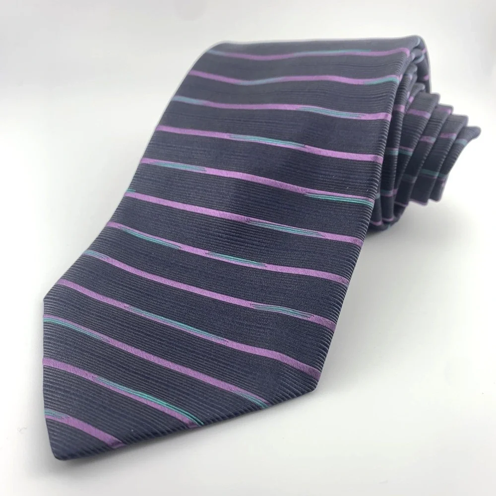 Boxelder Milwaukee Mens Tie‎ Gray Purple & Teal Striped 100% Silk Repp Necktie